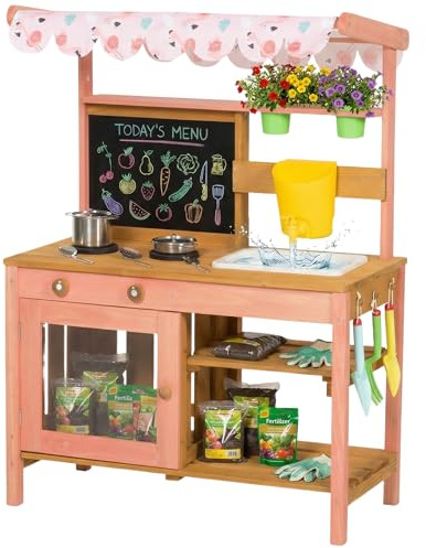 AIYAPLAY Kids Mud Kitchen with Canopy, Outdoor Wooden Play Kitchen with Planter Box, Chalkboard, Sink, Kitchenware & Garden Tools, Pretend Play Outdoor Toys Gifts for Girls Boys Age 3-6, Pink