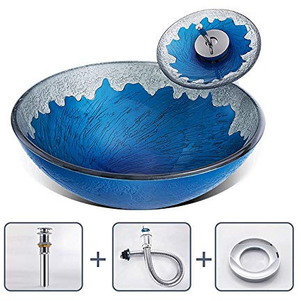 YNIYUJKL Lavabo Redondo De Vidrio Templado con Textura De Roca para Colocar sobre Encimera, con Grifo Tipo Cascada, Lavabo Decorativo para Baño, Ideal para El Hogar, Hotel O,Blue-A
