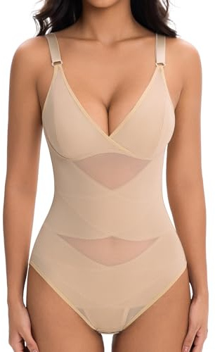 ONEW Shapewear Bodysuit Women Tummy Control Body Shaper V Neck Camisole Shaping Bodysuit Top with Adjustable Spaghetti Straps
