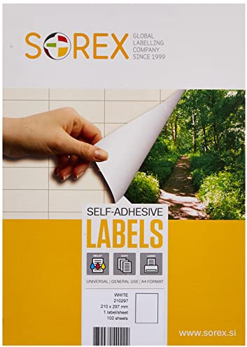 Sorex 210x297 mm Universal Etiketten Selbstklebend Weiß für alle Drucker, 100 Blatt DIN A4, Premium Aufkleber, Starke Klebekraft, Barcode, Adressetiketten, Live Geschnitten, 1 Etiketten/Blatt
