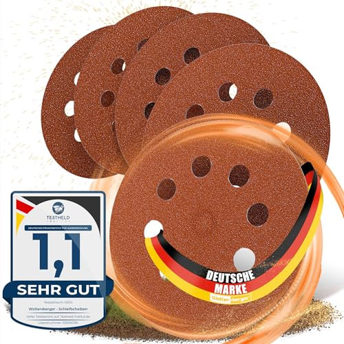 Woltersberger® Exzenter Schleifscheiben Ø 125mm | 8 Loch in rot | Schleifpapier für optimales schleifen, vielseitig einsetzbar, verschiedene Körnungen und Stückzahlen (50 Stück, P150 Körnung)