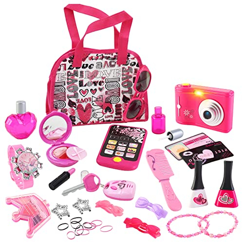 deAO Schminktasche Beauty-Set für Mädchen, 33 Teilige Kinder Schminkset Make Up Spielzeug mit Handtasche, Kamera, Handy, Prinzessinnen-Set für Mädchen