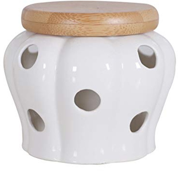 BESTonZON Garlic Keeper for Countertop, White Ceramic Storage Container with Bamboo Lid, Ventilated Jar for Fresh Bulbs, Ginger Onion Holder for Kitchen Pantry Organisation Pot