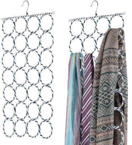 Flexzion Scarf Organizer for Closet - 28 Slot Scarf Hanger Hijab Organizer, Space Saver for Socks, Shawls, Ties, Towels, Belts, Multi Purpose Hanging Rack Storage, 2 Pack Colors May Vary