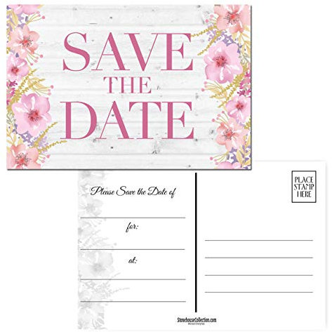 Stonehouse Collection Rustic Pink Floral and Barnwood Save The Date Postcards - 40 4 x 6 Postcards - Wedding, Baby Shower, Birthdays, Celebration Announcements (Rustic Floral)
