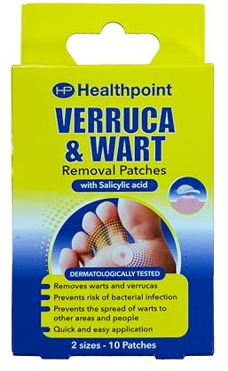 Healthpoint Verruca and Wart Removal Patches, 10 Patches in 2 Sizes, Dermatologically Tested, Prevents Risk of Bacterial Infection, for Hands and Feet, Prevents The Spread of Warts
