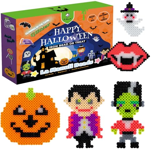 La Manuli Bügelperlen Set Halloween 6000 Perlen, 13 Farben (Neon, Glitzer und Leuchtend im Dunkeln) mit Platte Zubehör Muster, Steckperlen mit jeder Marke Kompatibel, Basteln Box