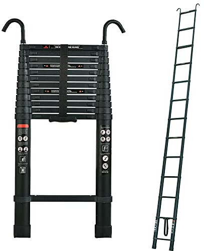 3,2m Teleskop Leiter mit 2 Haken, Aluminium Dachbodenleiter, Tragbare Ausziehbare Leiter, 150kg Tragkraft, EN131, Schwarz
