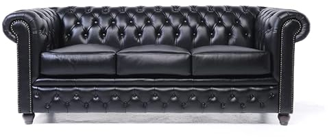 Chesterfield Soffa Brighton – The Brand | 3-sitsig | 100 % läder, handgjord, originalbredd 200 cm (svart)
