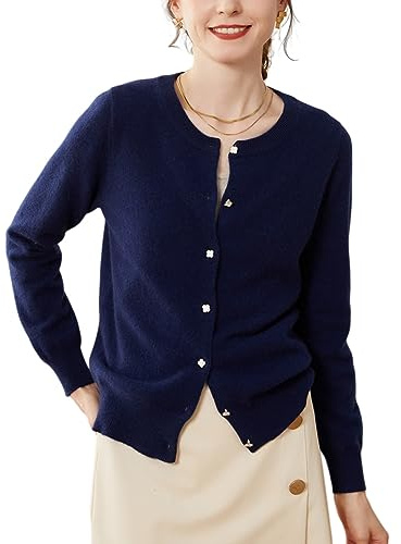 Valin Gilet Cachemire 95% Femme Col Rond Bleu Marine Solide Couleur Tricoté Mince Manches Longues Fin Cardigan en Cachemire et Laine,42,SPR2248