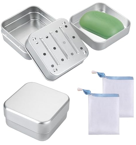 SRTSTR 2 Pezzi Porta Shampoo Solido, Porta Saponetta Solida da Bagno in Alluminio Portasapone da Viaggio con 2 Pezzi Sacchetto del Sapone per Casa, Viaggi, Campeggio