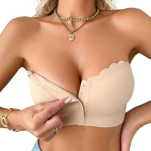 Sexy Code 1701 Women's Front Fastening Bra Strapless Bras for Women with Clear Strap Non-Slip Bandeau Seamless Non Padded Tube Top(D474SJ,Beige,L)