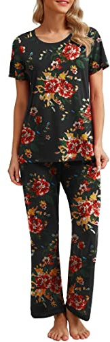 PrinStory Pyjamas för kvinnor, rund hals, pyjamas-set, kortärmade pyjamasöverdel och långa nattkläder, byxor med fickor, loungeset, Röd brun svart ros, XL