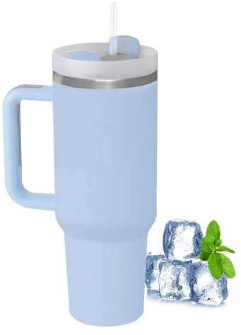 LOITTAINUE Termosmugg med sugrör och handtag, 1 180 ml, kaffemugg To Go med lock, dubbelväggig rostfritt stål, vakuumisoleringskopp, bärbar bilmugg för kalla varma drycker (blå)