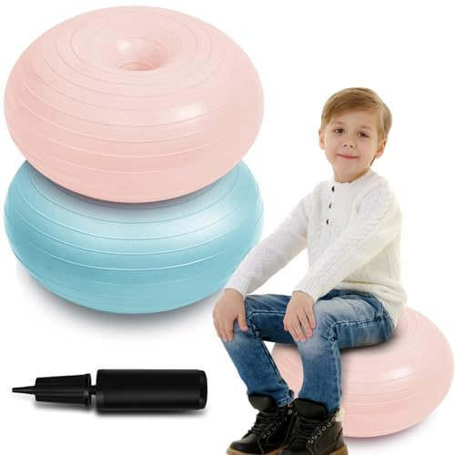 Lewtemi 2 Pcs Flexible Seating for Classroom 20 Inch Inflatable Yoga Ball Chair Large Donut Exercise Ball Chair Cushion Seat with Inflator for Kid Student Sensory Balance Home Office (Pink,Bule)