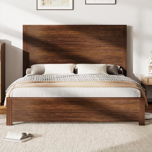 AMERLIFE 51.2 Full Size Wood Bed Frame, Rustic Platform Bed with Spliced Headboard, Wood Slats Support/No Box Spring Needed/Noiseless/Reclaimed Barnwood