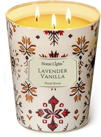 HomeLights Velas perfumadas | Large Jar 960g Vela de soja natural | 130 horas de larga duración con 3 Wicks | Bohemian Natural para la decoración del hogar Lavanda Vainilla