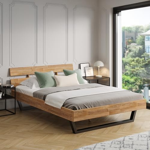 skølm Alver Massivholzbett 140x200 cm – Bettgestell aus Massivholz Eiche geölt – Holzbett mit schwarzen Metallkufen – hochwertiges Bett mit 2 Streben als Bettkopf – Bettrahmen geeignet als Doppelbett
