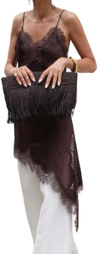 Betrodi Top asimmetrico da donna in pizzo Y2k raso di seta orlo irregolare canotta top scollo a V patchwork coquette per uscire, Marrone alla moda, M
