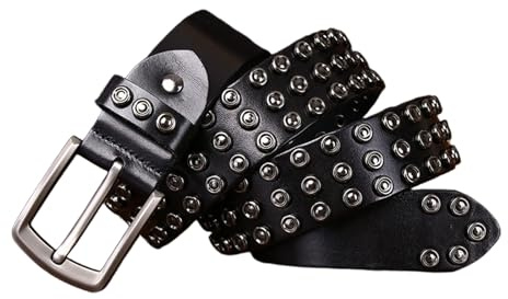 YRSHENG Cinturón Tachuelas Hombre Cuero, Cinturones Vintage Metálicos con Remaches Punk Rock, Cinturón De Cuero Genuino para Jeans, Motociclistas, Hip-Hop,Negro,100CM/39.4''