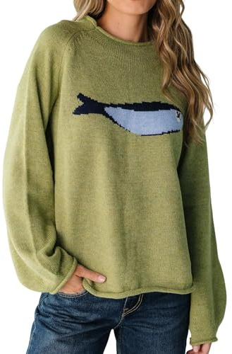Women's Oversized Roll Neck Cute Animal Graphic Sweater Long Sleeve Chunky Knit Pullover Tops Casual Patterned Knitwear(Olive-Fish,S)