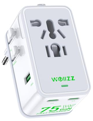 75W Travel Adapter, GaN Fast Charging European Power Universal Adapter with 5 Ports (1 AC, 1 USB-A, and 3 USB-C), Plug Adapter with Smart Chip for Over 200 Countries, PD&QC Charger, White