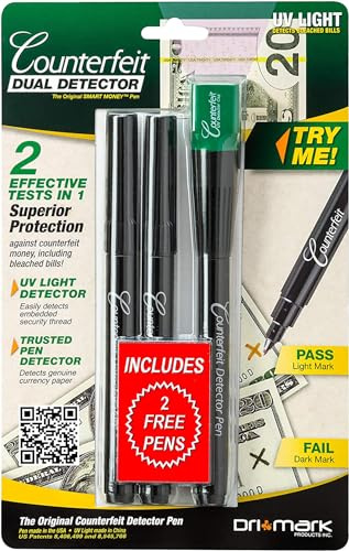Dri Mark Dual Test - The Original Smart Money Pen with UV LED Cap Counterfeit Detector System - Plus 2 Free Detector Pens - Money Loss Prevention - Fraud Protection