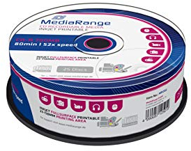 MediaRange CD-R 700MB|80min 52-fache Schreibgeschwindigkeit, vollflächig bedruckbar (Tintenstrahldrucker), Pack 25