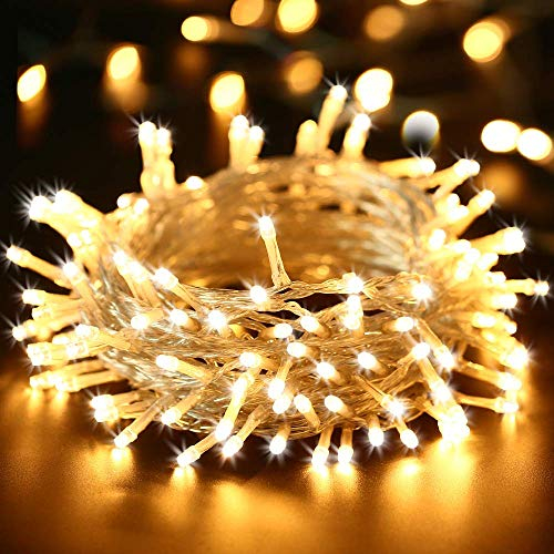 BrizLabs Catena Luminosa Natale Esterno, 20M 200 LED Luci Stringa Natalizie Bianco Caldo Interno con Spina 8 Modalità Impermeabile per Giardino Albero di Natale Matrimonio Festa, Cavo Trasparente