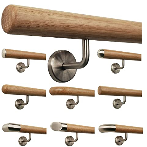 TIBU Eiche Holz Handlauf Geländer 0,3m - 6m, Länge 120 cm, Ende Radius gefräst und 2 gewinkelte Halter