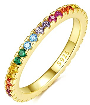 Emmie Jewelry Eternity Ring 925 Silber mit Bunte Zirkonia Steine | Damenring mit Regenbogen-Steinen rundherum | Rainbow Ringe für Damen, Frauen Schmuck (54, Gold)