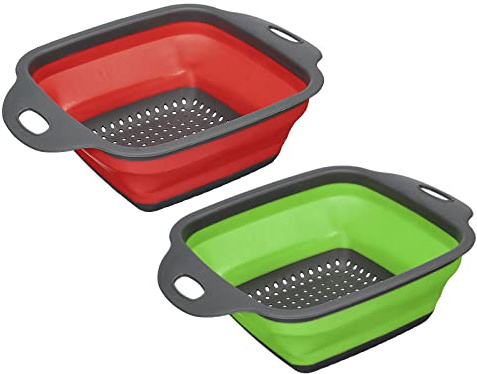 sourcing map Collapsible Colander Set, 2pcs Silicone Square Foldable Strainer Space Saving Suitable for Pasta, Vegetables, Fruits - Red Green Small