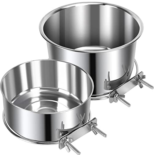2 Pcs Large Pet Dog Food Water Bowl for Cage Stainless Steel Non-Spill Kennel Hanging Cats Bowls with Clamp Holder Crate Feeder Dish for Medium Large Dogs Huge Pets (7.1x3.5'' & 6.3x2.6'')