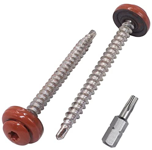 SKIR'CO (100 st) Takskruvar i metall, 4,8 x 60 mm målade självborrande skruvar med EPDM-brickor, torx-huvud (kopparbrun RAL 8004)