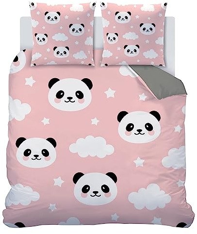 Linfye Parure de Lit 90x190 Enfant Panda Rose Housse de Couette 1 Personne 3D imprimée Microfibre Housse de Couette Enfant avec Fermeture éclair + 2 Taie d'oreiller 65x65cm