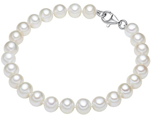Valero Pearls Damen Perlenarmband Hochwertige Süßwasser-Zuchtperlen 7-8 mm Rund weiß 925 Sterling Silber - Damenarmband mit echten Perlen geknotet