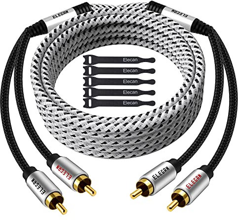 Elecan Premium RCA Cable 100 Ft (Hi-Fi Sound-16 AWG-Shielded) 2 RCA Male to 2 RCA Male Stereo Audio Cable, Gold Plated-Aluminum Alloy Shell-Pure Copper-Braided RCA Cord for Home Theater Speakers +Ties