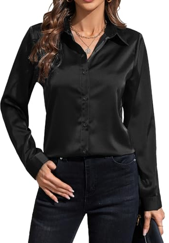 IBAOTORONI Chemises boutonnées en satin doux sans plis pour femmes, manches longues, col classique, chemisiers en soie style professionnel décontracté, noir, Taille M