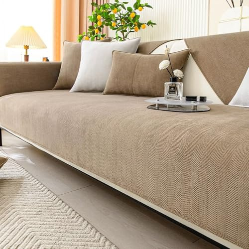 Gluhpäron sofföverkast, sofföverdrag, sofftäcke för sätet halkfri, fiskbensstruktur, mjölkkaffefärg, 70 x 210 cm