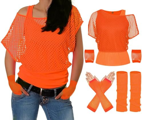 ELFIN 80er 90er Jahre Outfit Damen, Netzshirt, Tank top, Beinwärmer, Netzhandschuhe, 80er Jahre Netzoberteil Damen Tops Neon Shirt, 80er Kostüm Aerobic Kleidung Mottoparty Accessoires, Orange, S