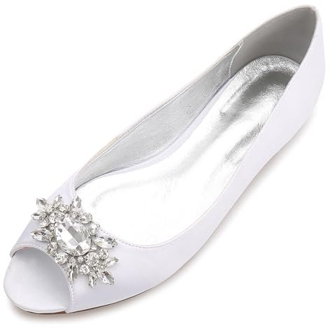 ottspu Donna Peep Toe Raso Lussuoso Strass Matrimonio Appartamenti per La Sposa Ballerine per Abiti da Sposa da Sera,Bianca,44 EU