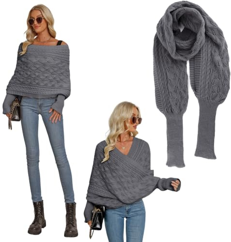 ISAKEN Écharpe à manches pour femme - Écharpe tricotée - Mode d'hiver - Châle - Poncho chaud - Automne et hiver, gris, M