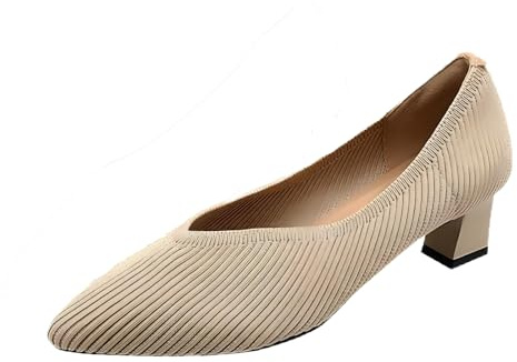 Pumps Women's Knit Dress Shoes High Heels Women's Shoes Elegant and Comfortable Knitted Shoes Wedding Shoes with Block Heel Evening Shoes Party Pointed Shoes Mary Jane Low Shoes Ballet Flats, khaki, 7