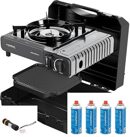 FYSHOP | Camp Bistro 3 Combo Hornillo y Plancha | Hornillo Camping de 1 Quemador | Cocina portátil compacta para Exteriores | Incluye 4 cartuchos de gas y Linterna | Camp'Bistro 3 hornillo con plancha