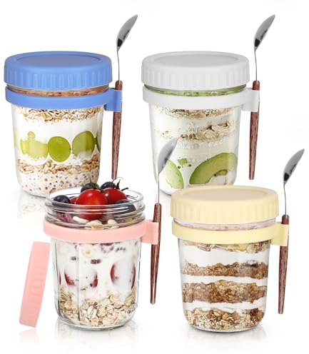 Ixydor Juego de 4 Tarros de Avena Nocturna, Overnight Oats Jar, Mason para Yogur, con Tapa y Cuchara, Tarros de Cristal para llevar con leche, yogur, cereales, verduras y frutas,350ml