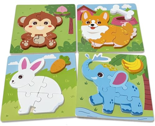 Kulveanju Träpussel från 2 år, 4 stycken djur stickpussel trä, Montessori träleksak baby, lärande pedagogiskt grippussel leksak babyleksak gåva flickor och pojkar barn från 3