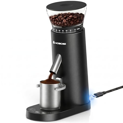 AAOBOSI Burr Coffee Grinder with 60 Grind Settings, Rechargeable with Anti-Static, 5-98s Digital Timer & Touchscreen, Portable for Espresso, Pour Over, French Press, Travel & Camping.