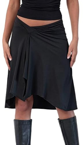 SANSIWU Women Y2k Striped Long Skirt Low Waist Asymmetrical A-line Midi Skirt Summer Elegant Beach Party Maxi Skirts (Black, S)
