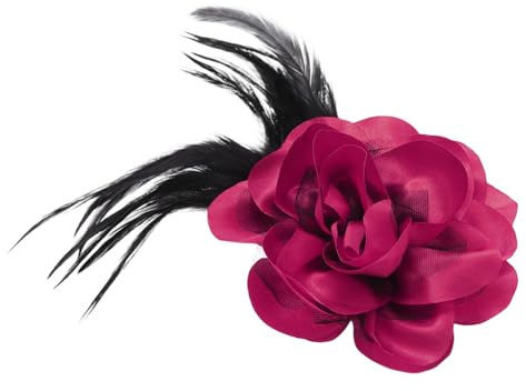 QUARKZMAN Broche De Flor De Rosa 4.3 Pulgadas Para Mujeres Rosa Rosado | Alfileres De Solapa Flores, Pinza Para El Cabello Floral, Hecho A Mano De Tela De Satén, Con Pluma Elegante