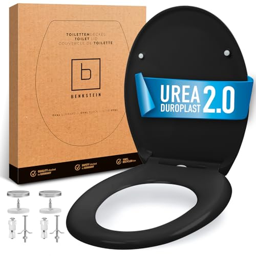BENKSTEIN Premium Toilettendeckel antibakteriell oval schwarz - Duroplast Klodeckel mit Quick-Release-Funktion und Softclose Absenkautomatik - Toilettensitz aus rostfreiem Edelstahl abnehmbar WC Sitz
